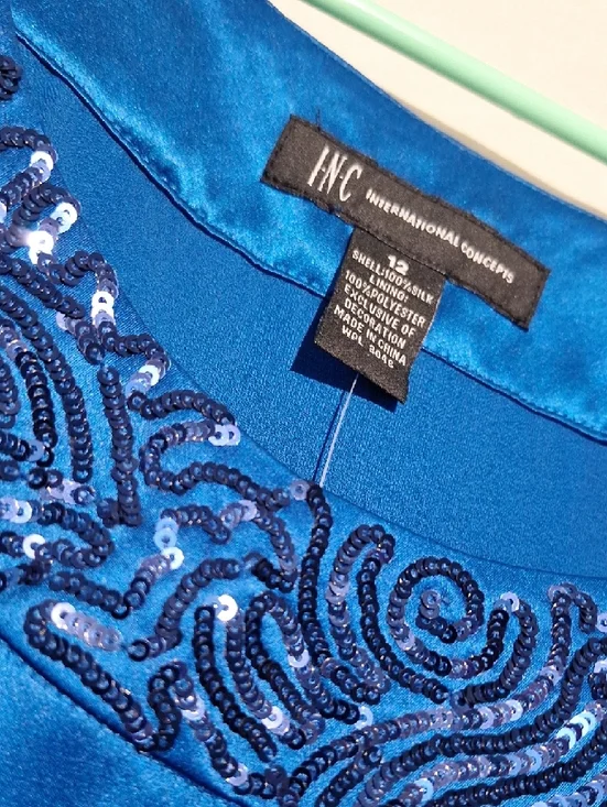 INC Blue Silk Beaded Scoop Neck Sleeveless Shift Style Midi Dress, Sz 12, NWT - Picture 2 of 13